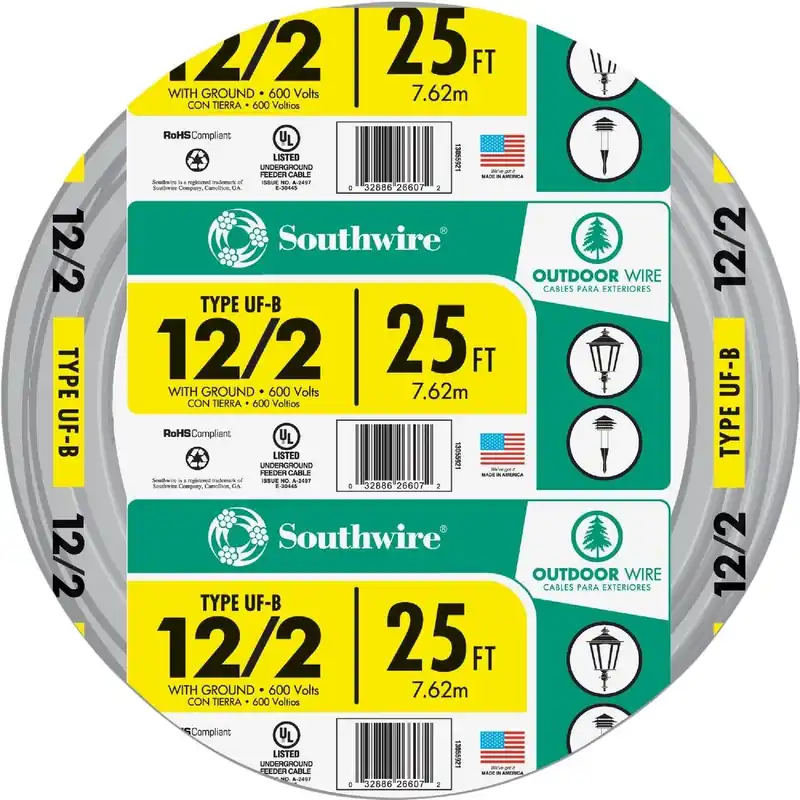 Southwire 13055921 25 Ft. 12 AWG 2-Conductor UFW/G Electrical Wire