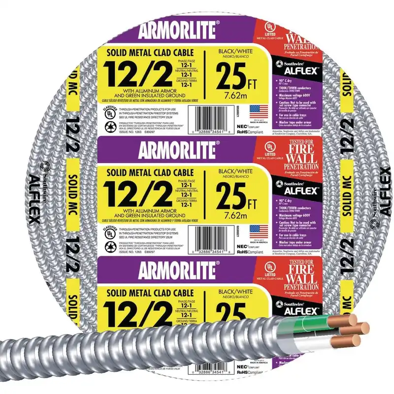 Southwire 68580021 25 Ft. 12/2 MC Armored Cable Electrical Wire