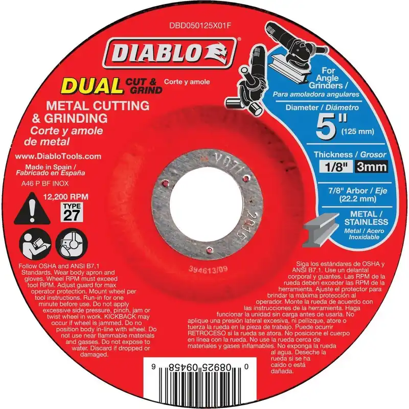 Diablo DBD050125X01F Type 27 5 In. x 1/8 In. x 7/8 In. Metal/Stainless Grinding Cut-Off Wheel