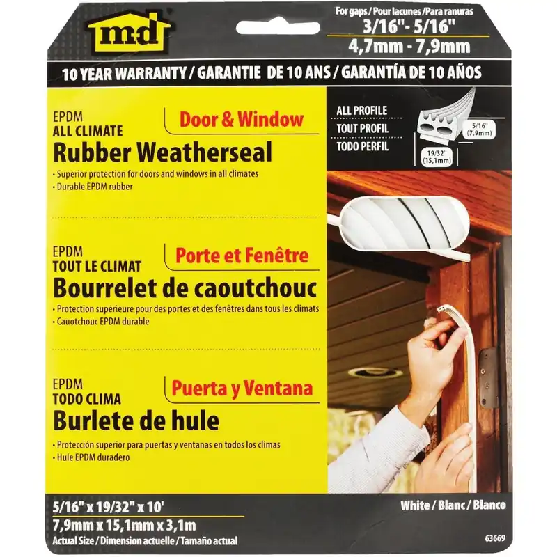 M-D 63669 White 10' 19/32 Rubber Weatherstrip