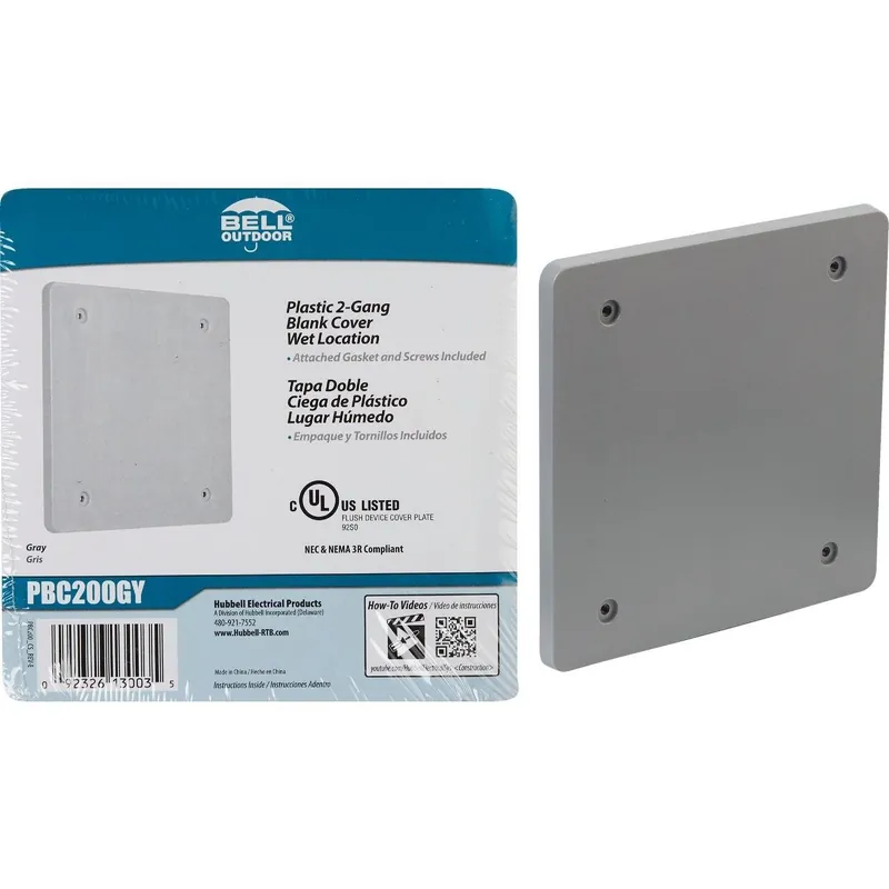 Bell PBC200GY 2-Gang Blank Square Polycarbonate Gray Weatherproof Outdoor Box Cover