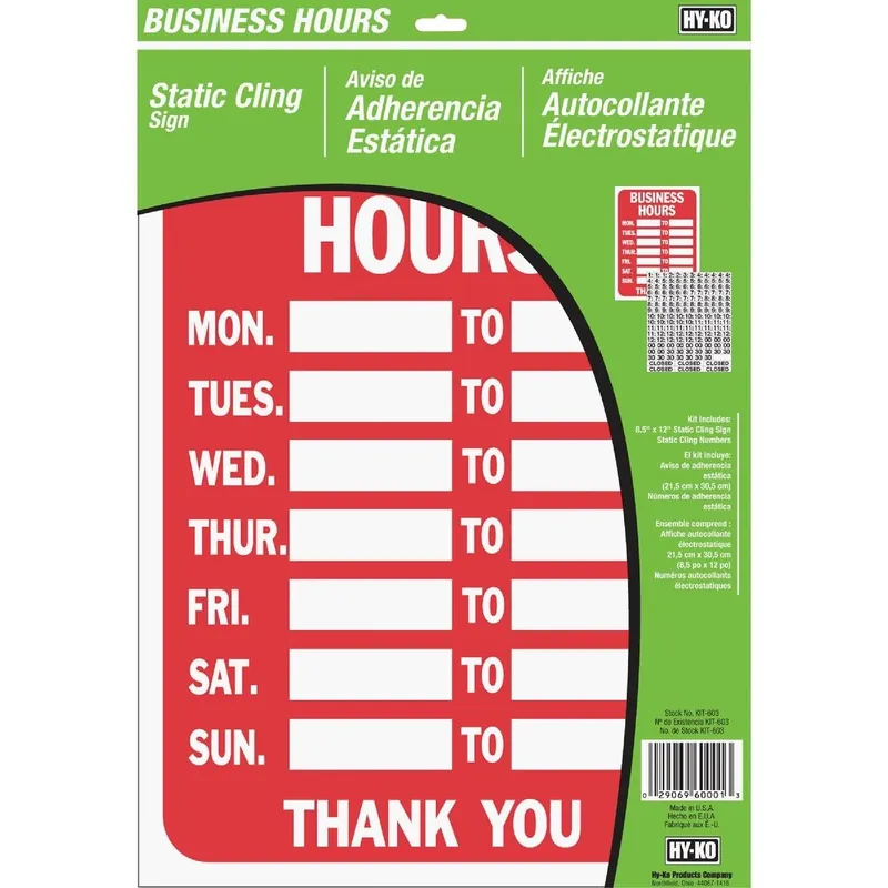 Hy-Ko KIT-603 Static Cling Sign Business Hours
