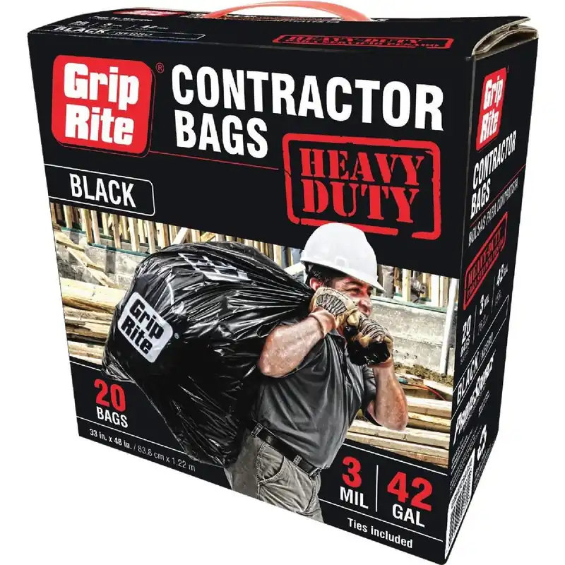 Grip-Rite GRHDCBAG20 42 Gal. Heavy-Duty Contractor Black Trash Bag (20-Count)