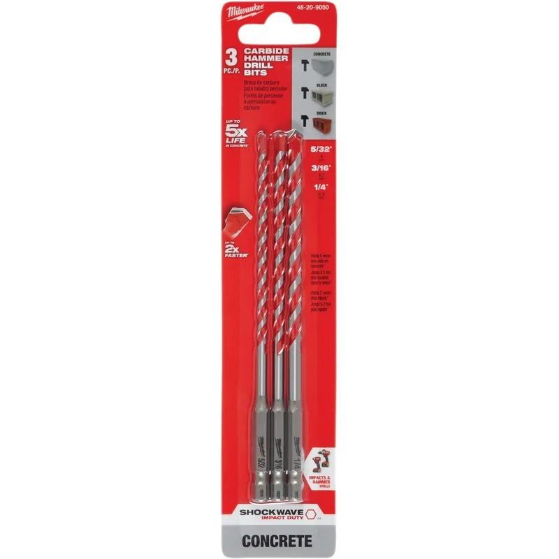 Milwaukee 48-20-9050 SHOCKWAVE 3-Piece Carbide Masonry Drill Bit Set