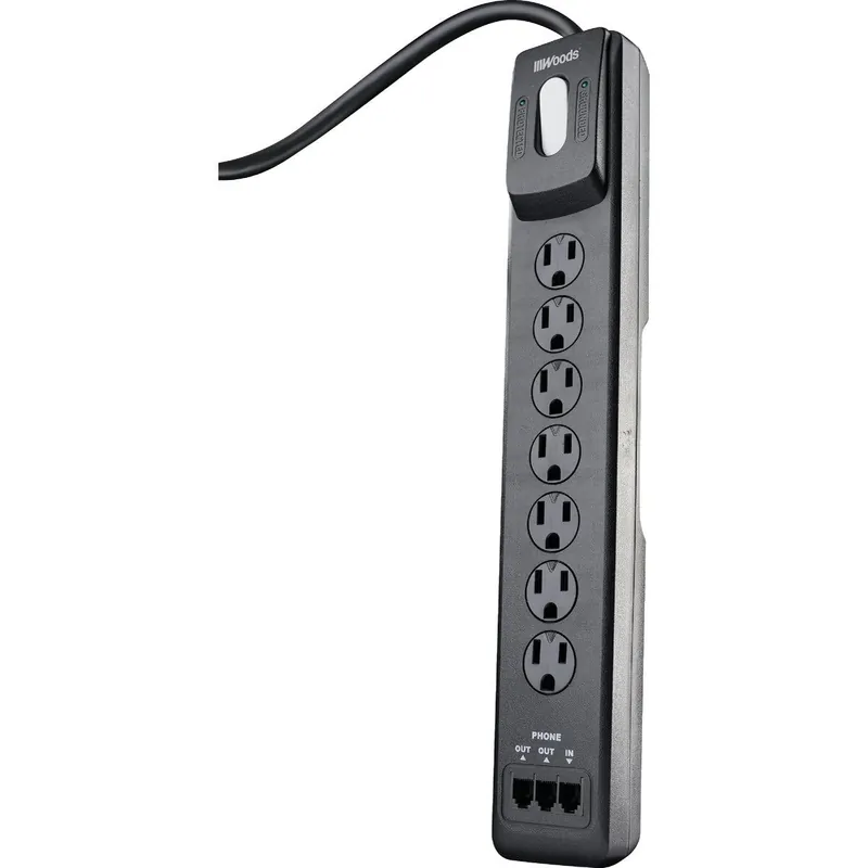 Woods 41626 7-Outlet 1780J Black Resettable Surge Protector Strip with 4 Ft. Cord