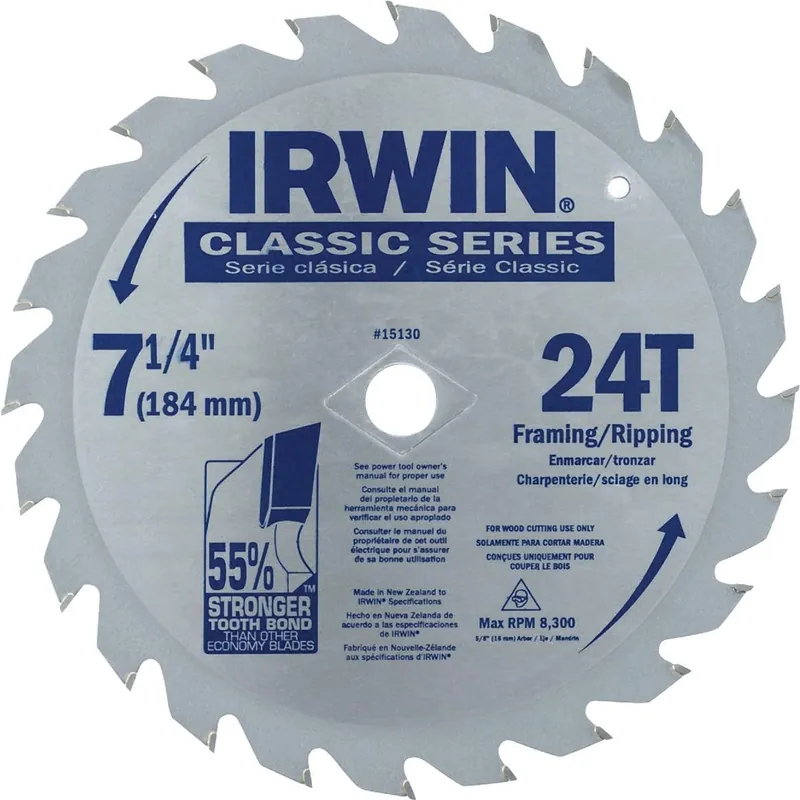 Irwin 15130G Classic Series 7-1/4 In. 24-Tooth Framing/Ripping Circular Saw Blade