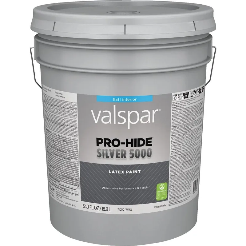 Valspar 028.0071000.008 Pro-Hide Silver 5000 Latex Flat Interior Wall Paint White Base 5 Gal.