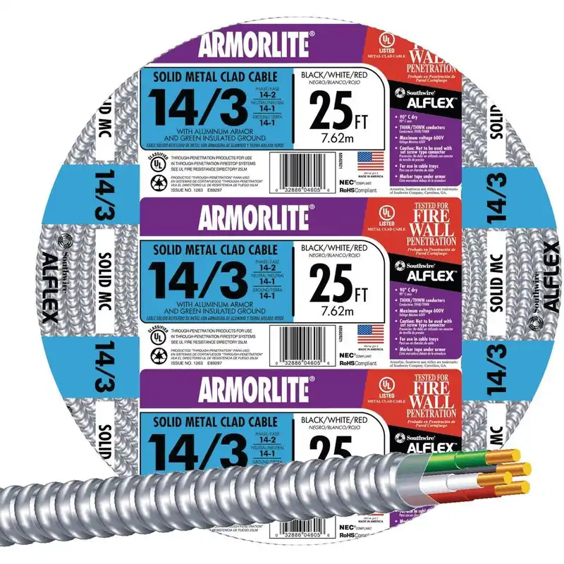 Southwire 68582621 25 Ft. 14/3 MC Armored Cable Electrical Wire