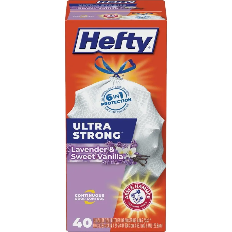 Hefty E88322 Ultra Strong 13 Gal. Lavender & Vanilla Tall Kitchen White Trash Bag (40-Count)